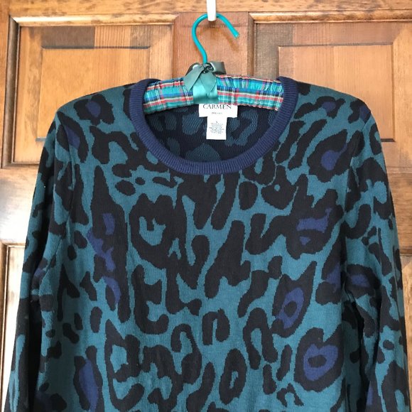 CARMEN Marc Valvo Green Animal Print Sweater Dress Large - Picture 2 of 7
